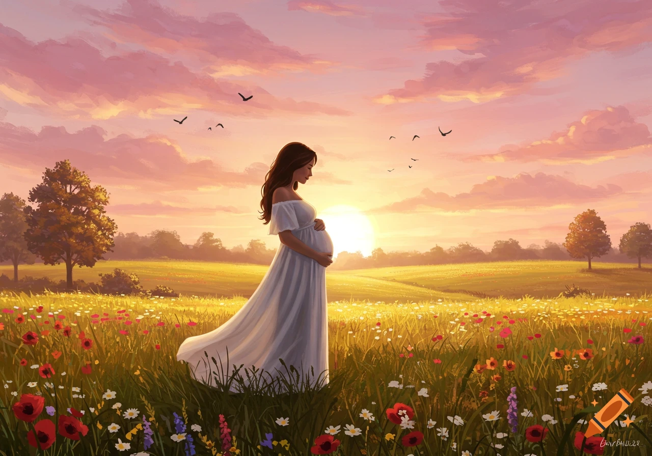 A pregnant woman in a white dress stands in a field of wildflowers at sunset, birds flying in the sky. Illustrated style.
