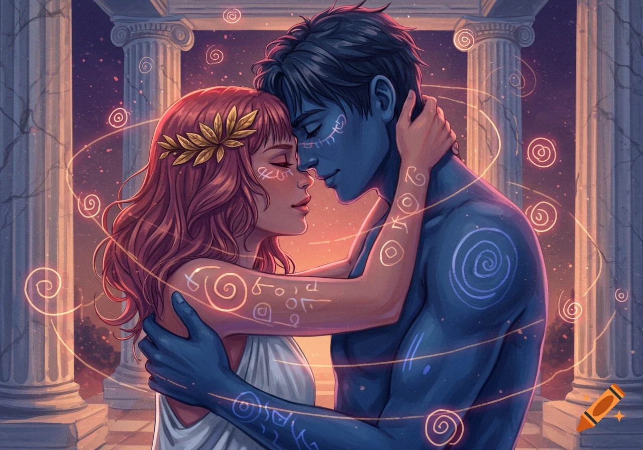 A digital painting of a blue-skinned man and a red-haired woman with glowing glyphs, embracing intimately in a Grecian temple at twilight.