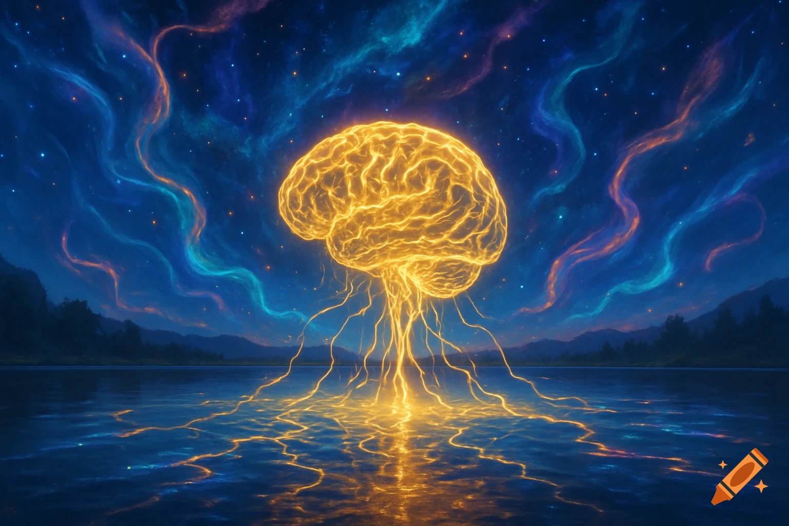 A glowing golden brain floats above a shimmering lake with tendrils, under a dark blue cosmic sky with colorful nebulae.