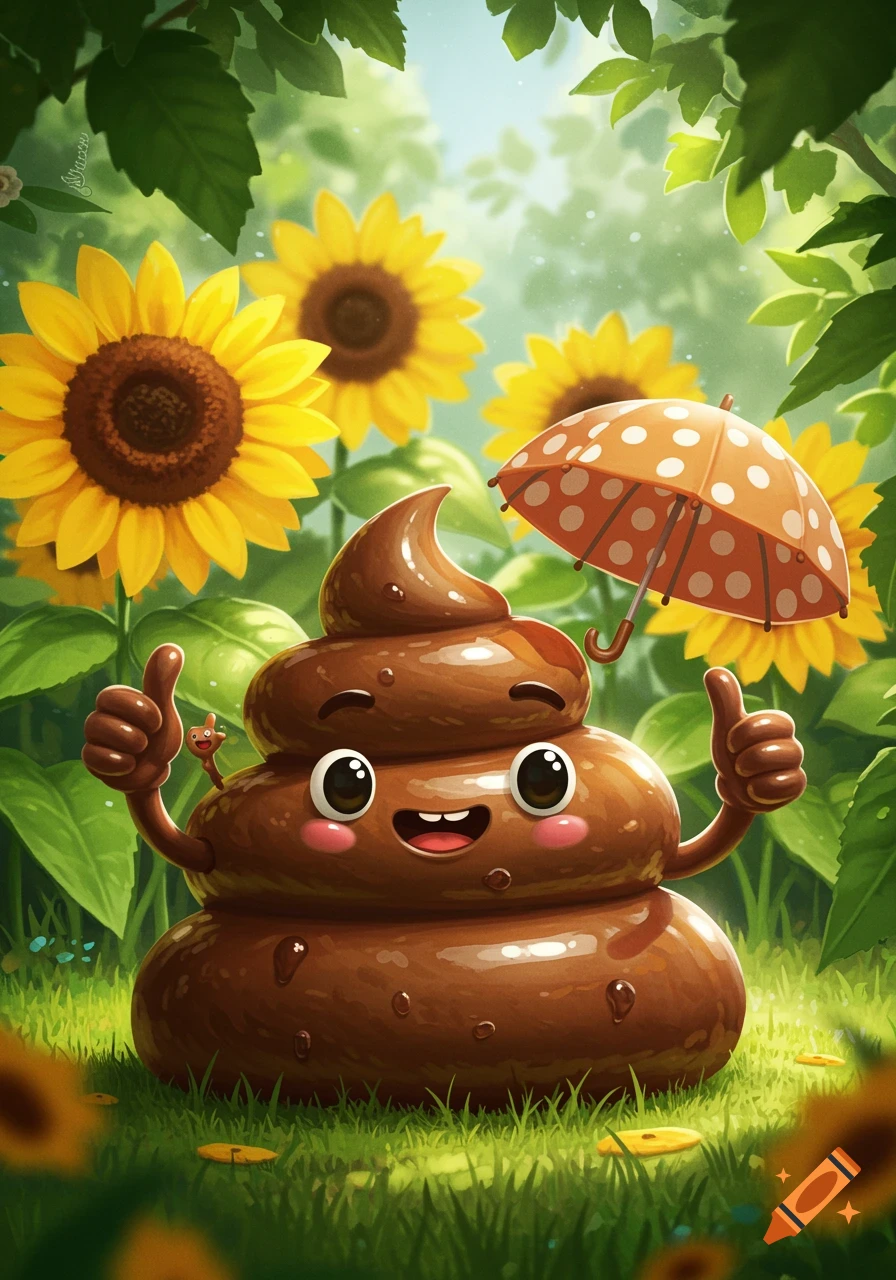 A cute, cartoon pile of poop character with a happy face, thumbs up, and holding a small polka-dot umbrella, stands in a field of sunflowers.