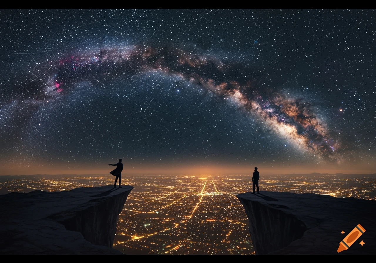 Two figures stand on separate cliff edges, looking out over a sprawling city at night under a clear sky filled with the Milky Way and visible constellations.