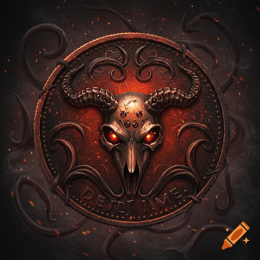 A circular bronze-like medallion with a horned skull and glowing red eyes surrounded by dark tendrils and embers.
