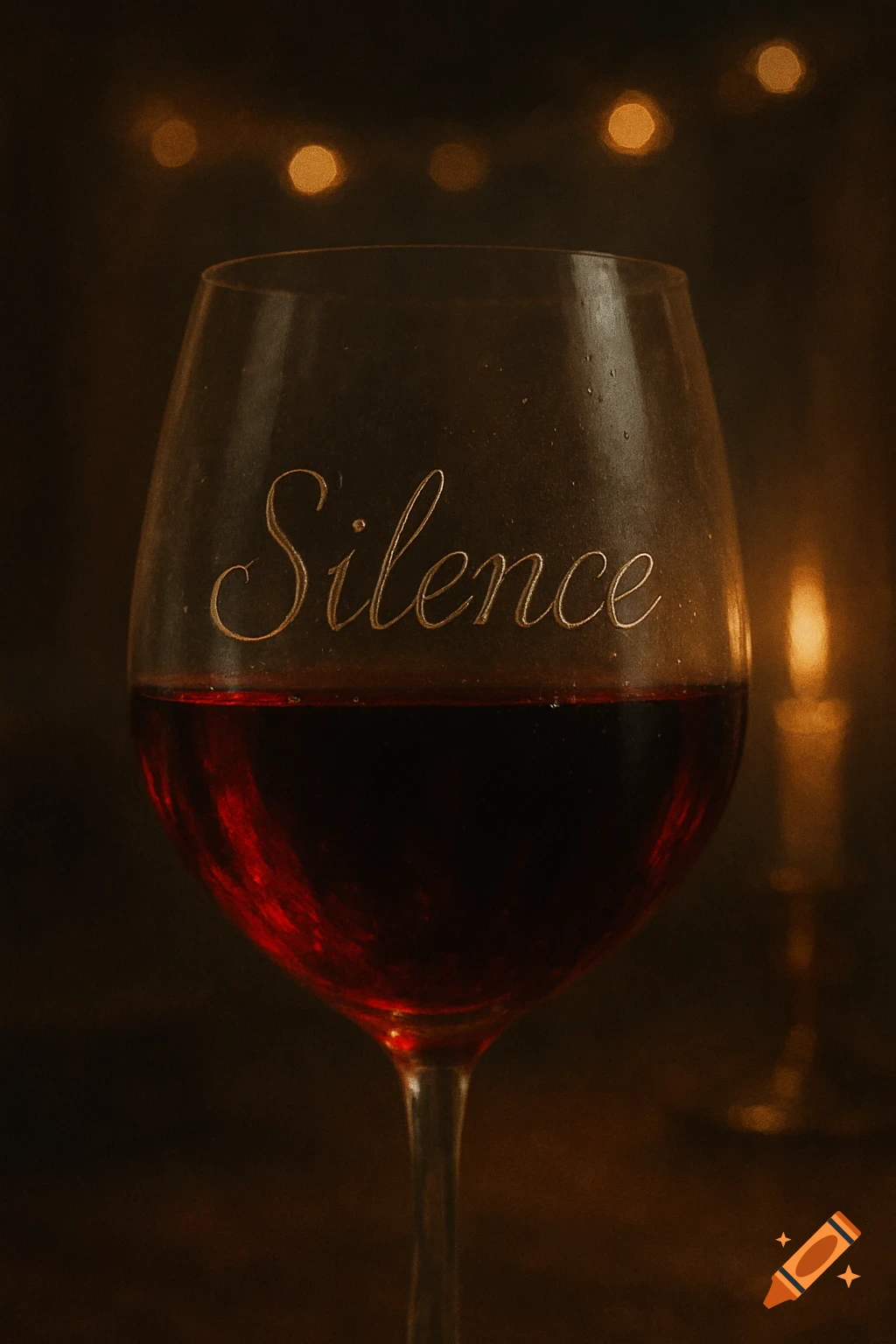 A glass of red wine with 'Silence' on it, against a moody background with a blurry candle and bokeh lights.