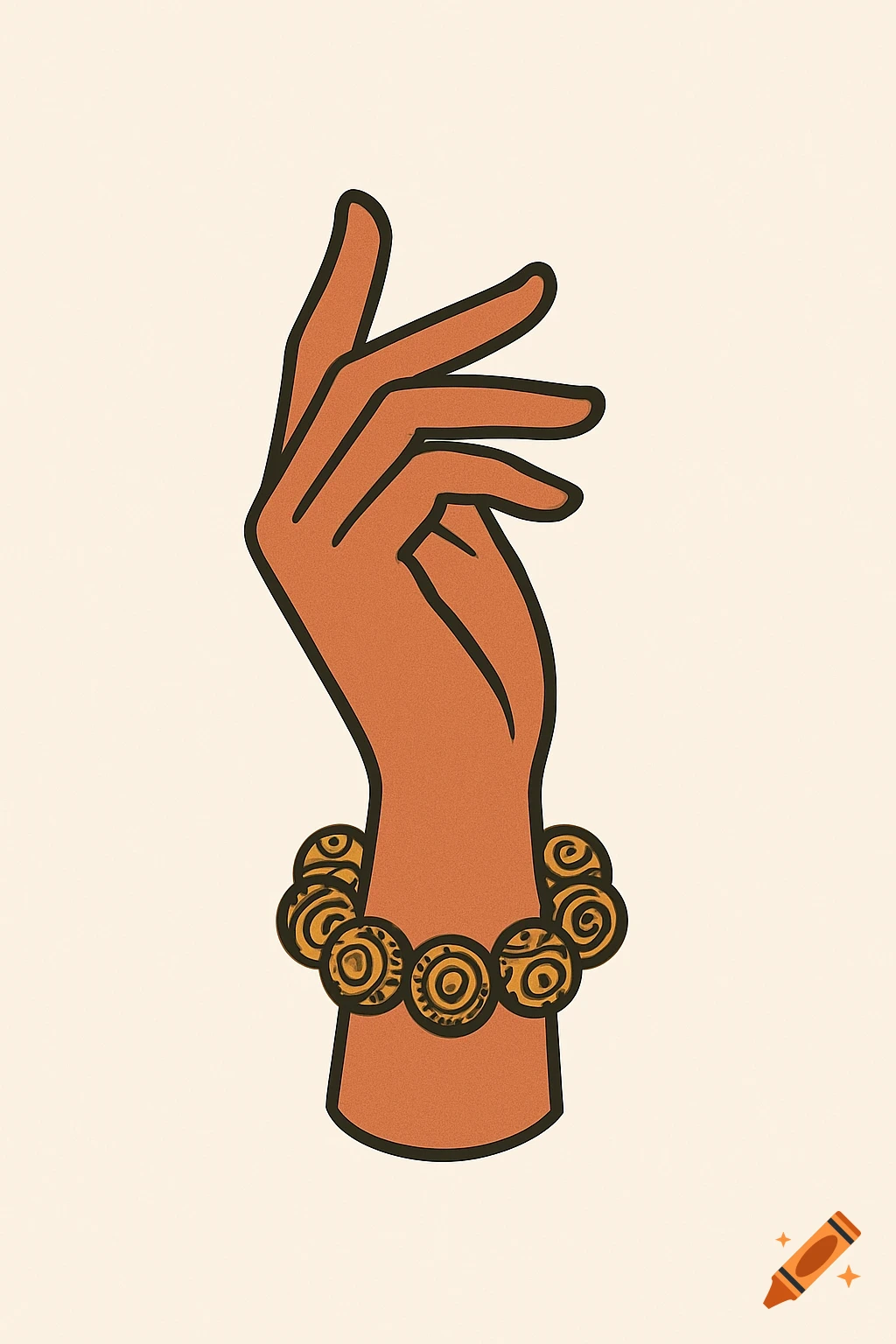 An illustration of a stylized hand wearing a round, patterned clay bead bracelet against a light background.