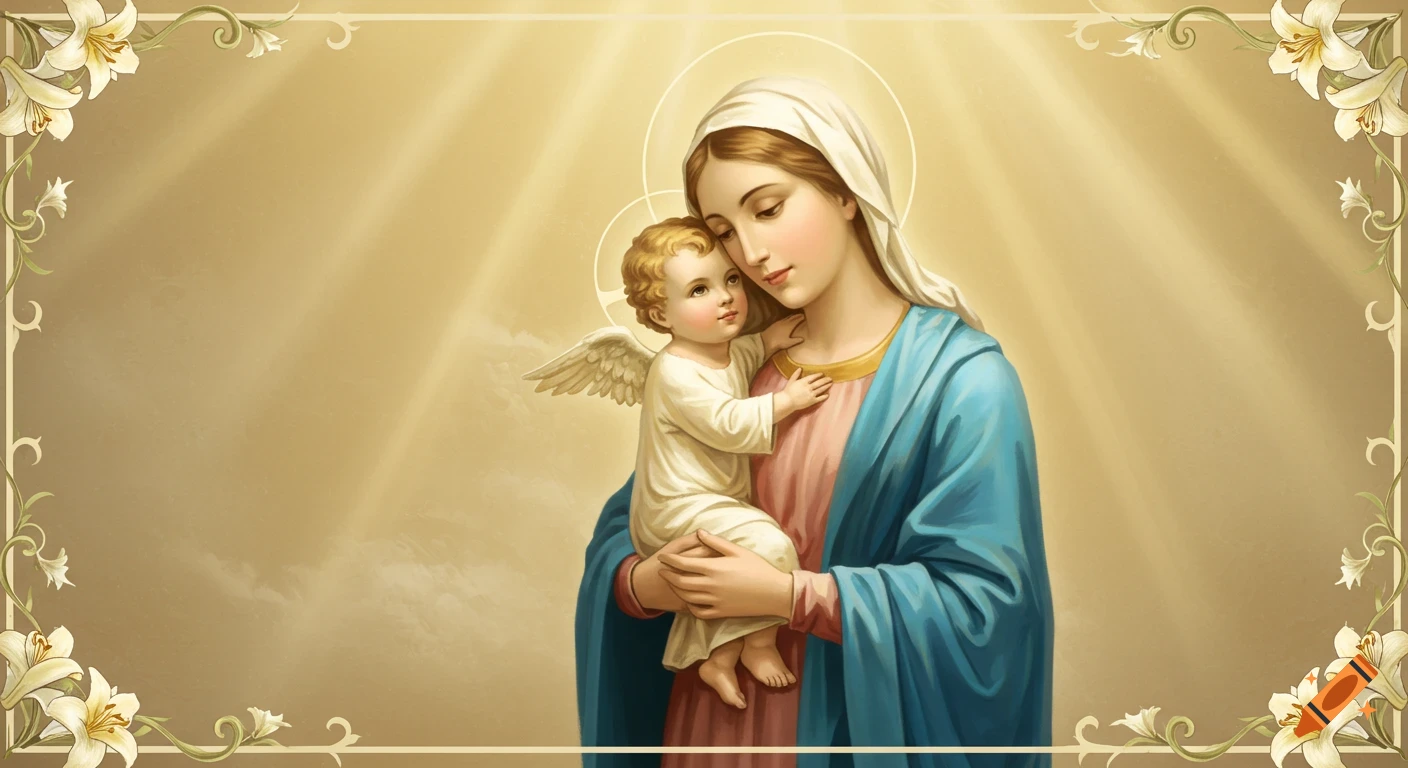 A digital illustration of the Virgin Mary holding baby Jesus, surrounded by golden light and a decorative border of white lilies.