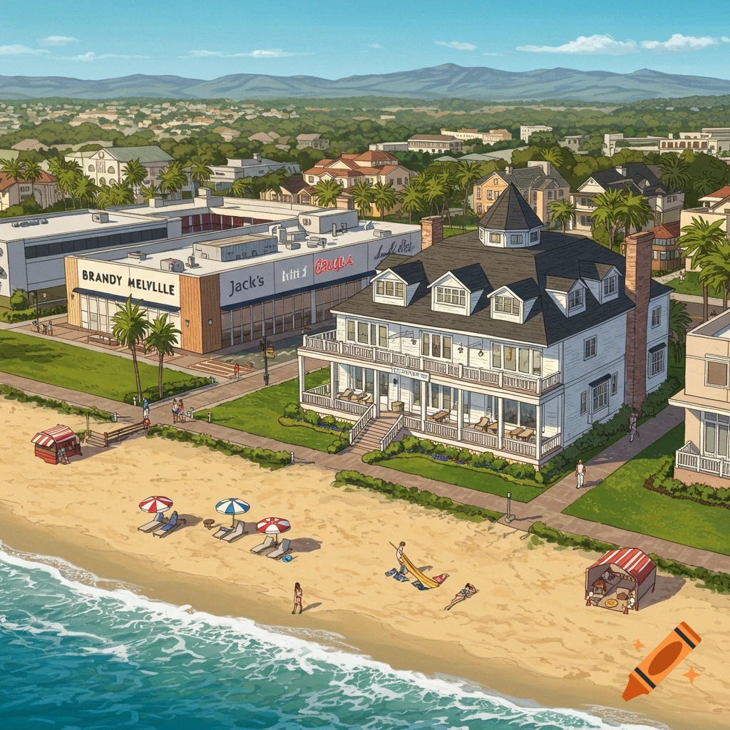 Aerial illustration of a vibrant beach town with a large white house and shopping center by the ocean.