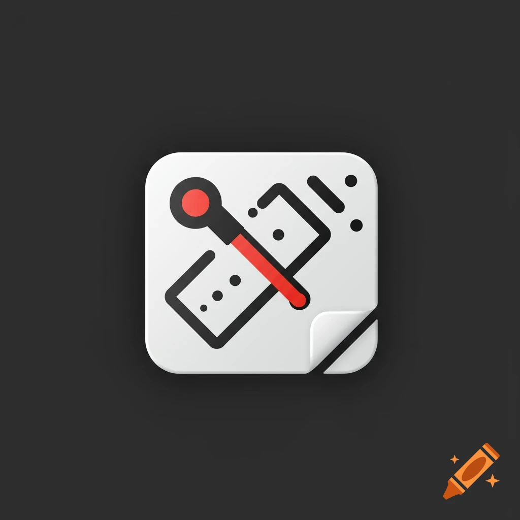 A minimalistic icon featuring black lines, dots, and a red bar with a circle on a white rounded square, against a dark background.