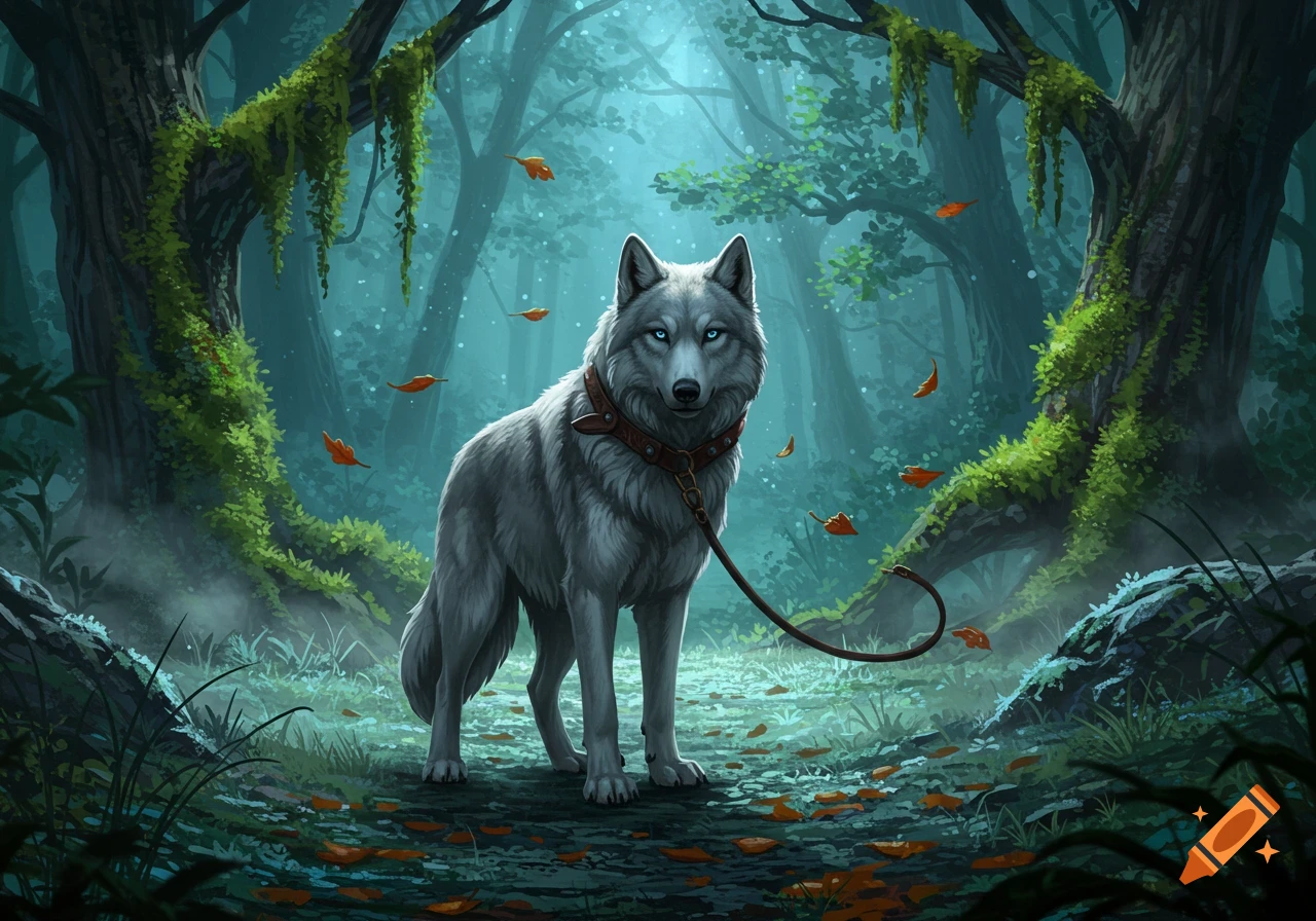 A majestic gray wolf with blue eyes and a collar stands on a leash in a mystical, mossy forest with falling orange leaves.