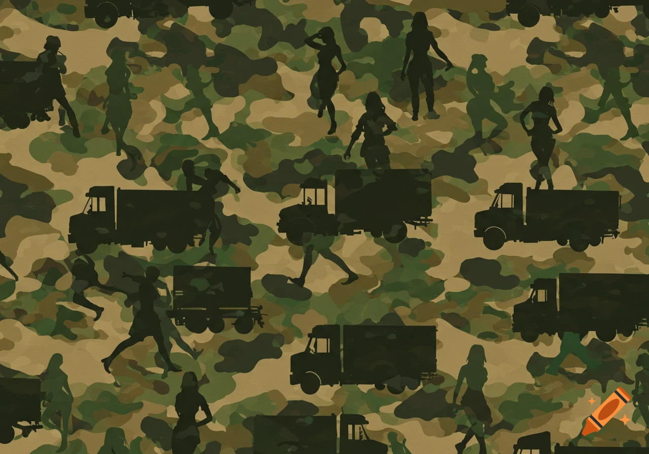 A camouflage pattern featuring dark silhouettes of women and trucks in M81 woodland camo colors.