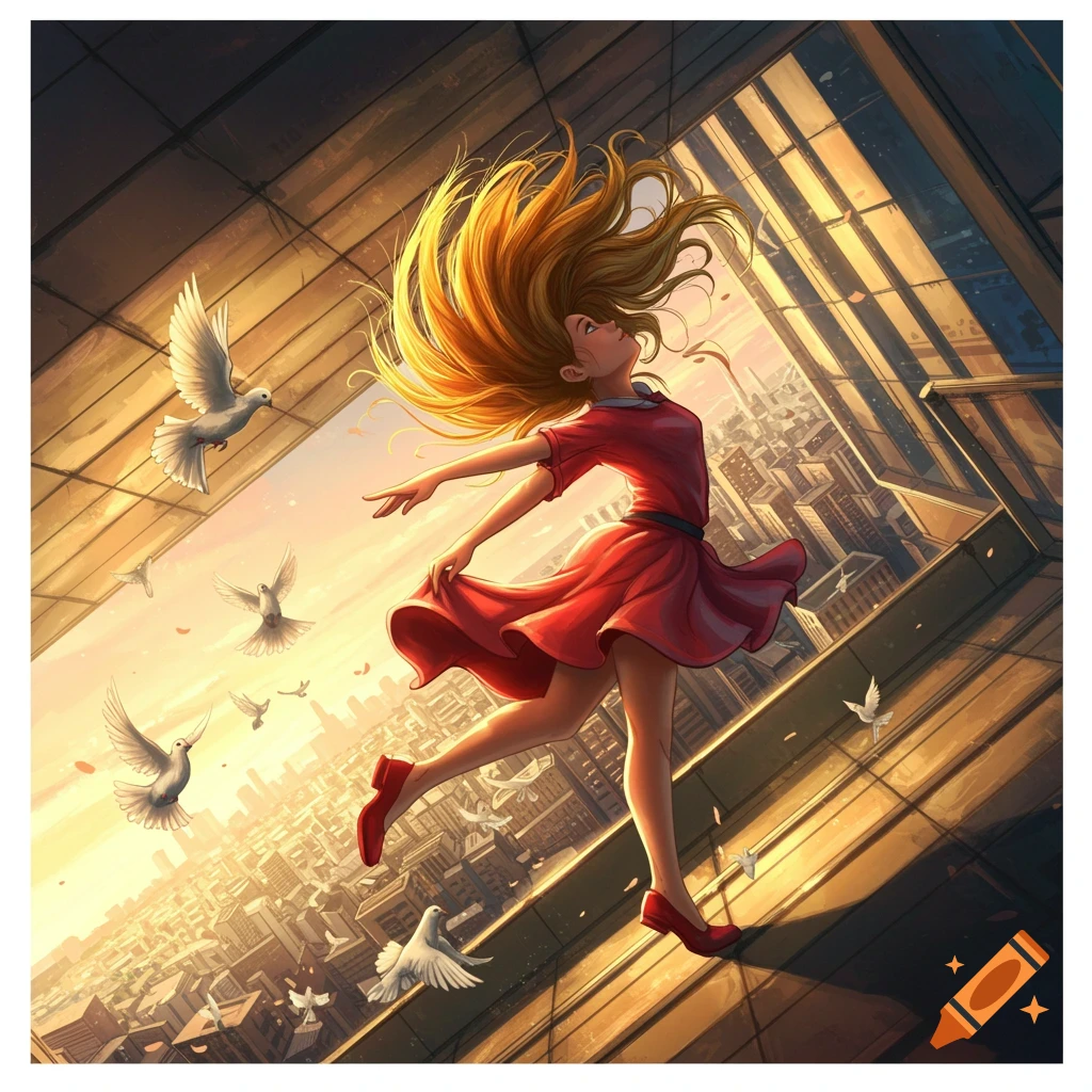A vibrant illustration of a girl in a red dress with flowing hair, leaping among white doves above a golden city skyline.