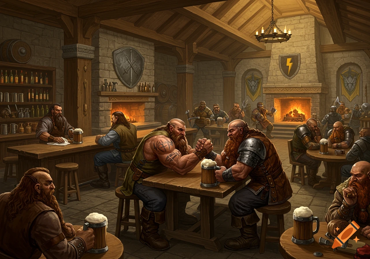 Dwarves arm wrestle at a wooden table in a bustling stone tavern, with other patrons drinking ale and watching.