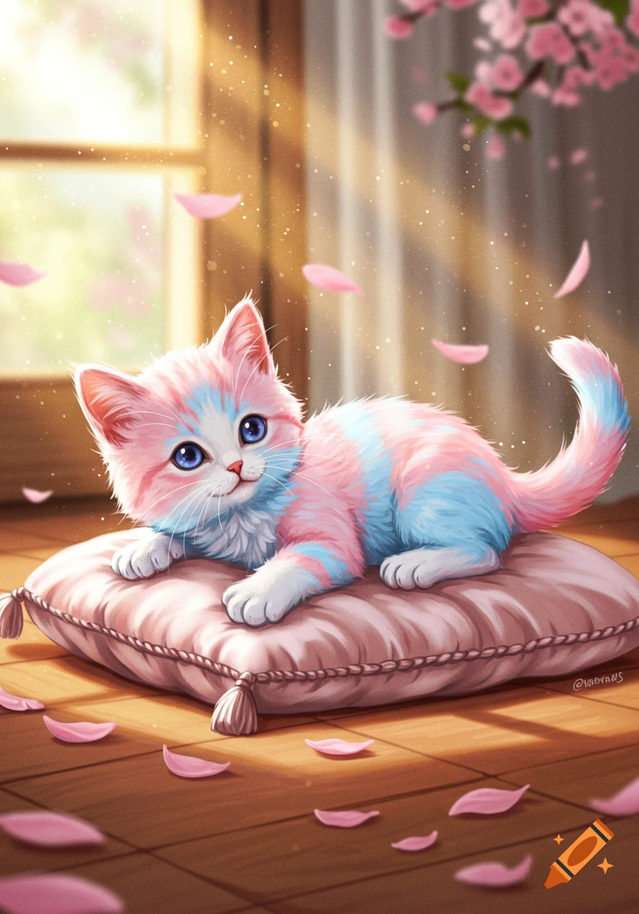 A cute kitten with blue and pink fur lies on a pink pillow, surrounded by falling pink petals and sunlight from a window.