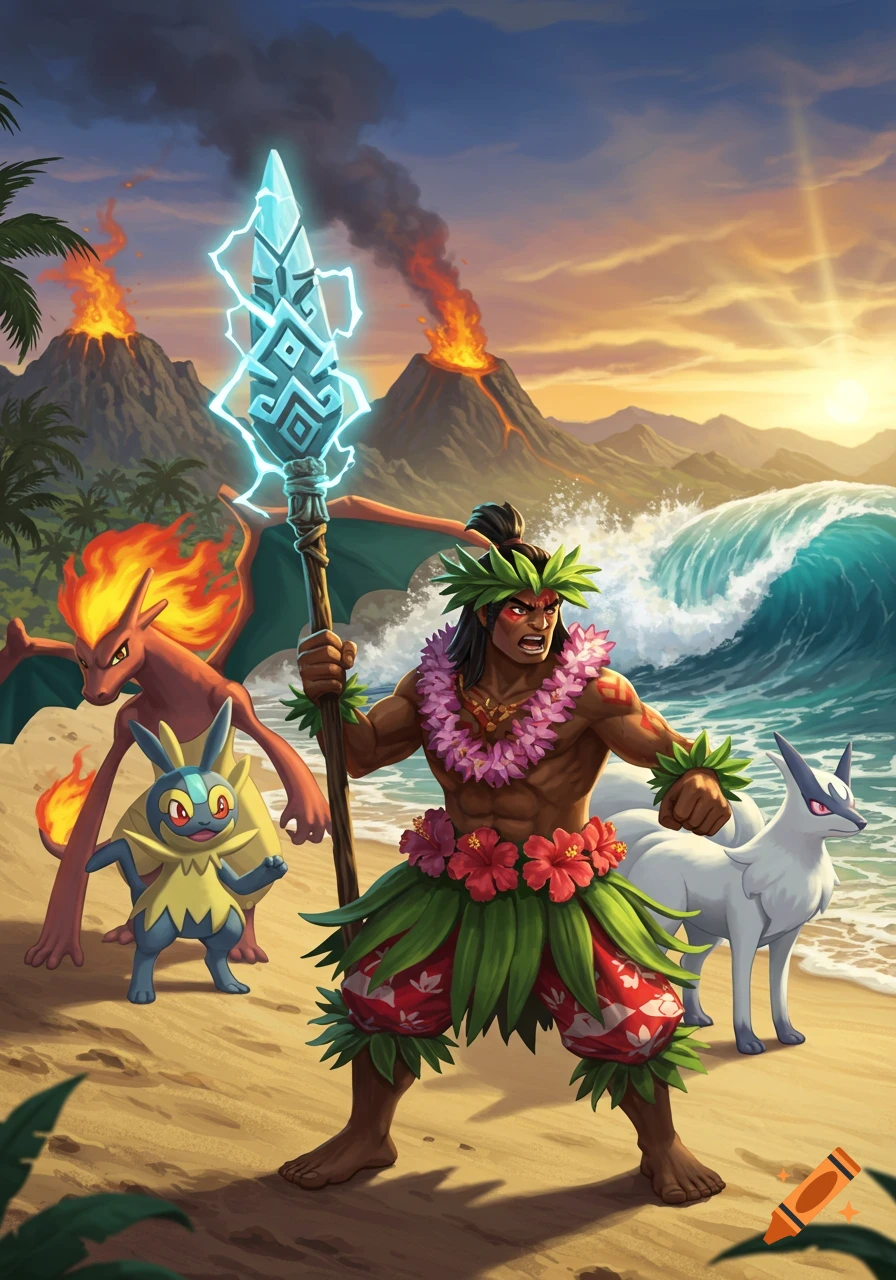 A Hawaiian warrior with a glowing spear stands on a tropical beach with three Pokémon, including Charizard, against a backdrop of erupting volcanoes and large waves. Stylized art.