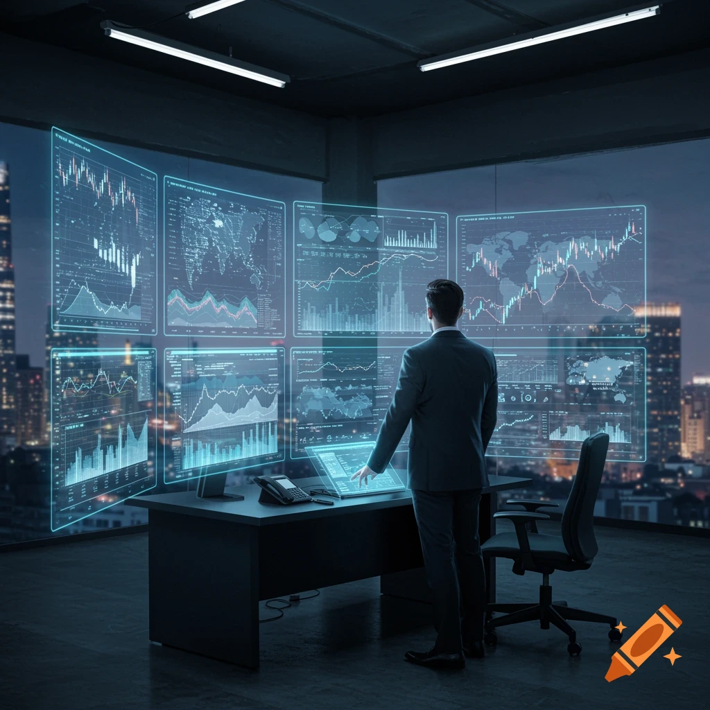 A man in a suit stands in an office at night, interacting with multiple large holographic screens displaying financial data and charts, with a city skyline visible outside.