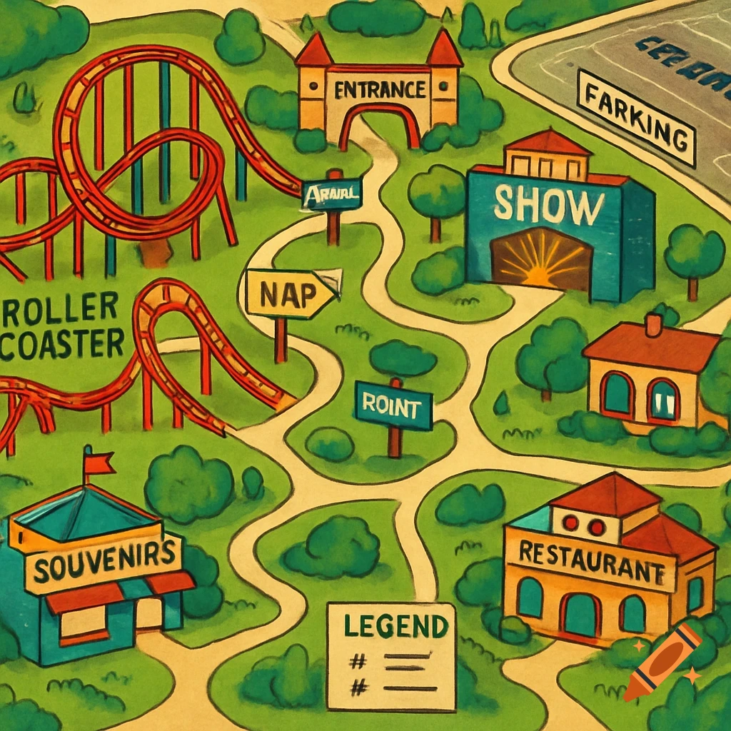 A colorful cartoon map of a theme park with various attractions like a roller coaster, show building, restaurant, and souvenir shop, connected by winding paths.
