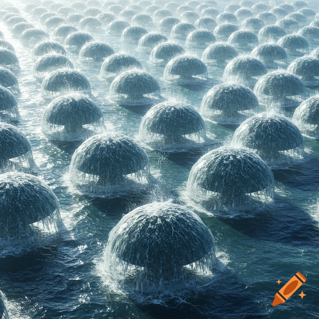 An aerial view of an ocean filled with countless dome-shaped water fountains violently erupting water, creating a misty landscape.