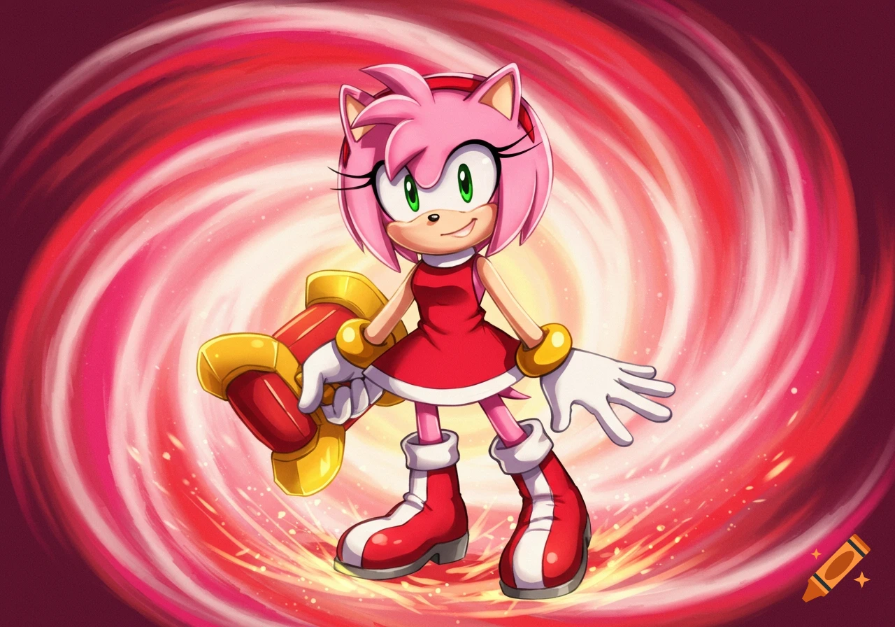 Amy Rose from Sonic the Hedgehog, a pink hedgehog in a red dress, holds her Piko Piko Hammer against a swirling red background.