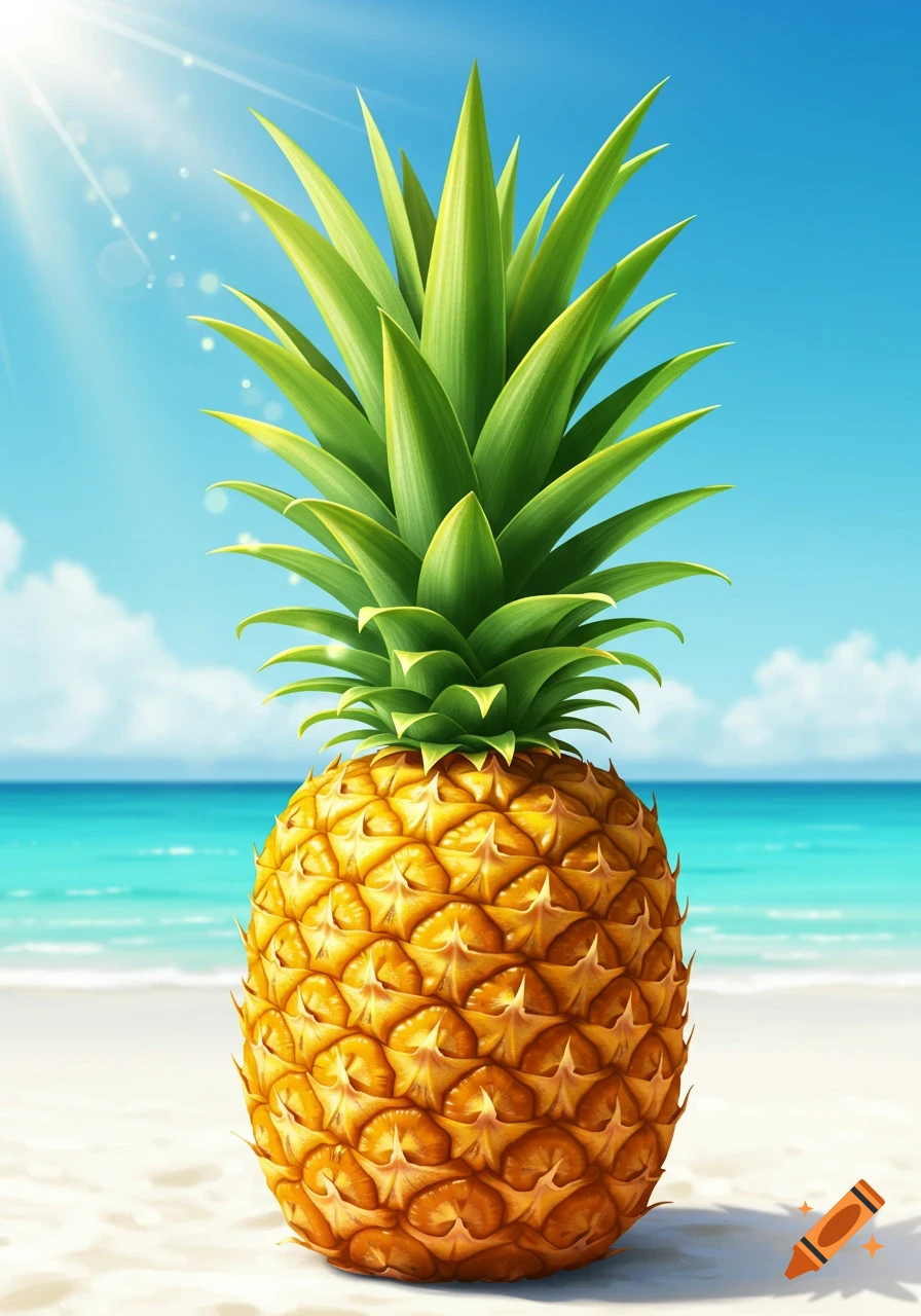 A photorealistic pineapple standing on a sunny, sandy beach with the ocean and blue sky behind it.