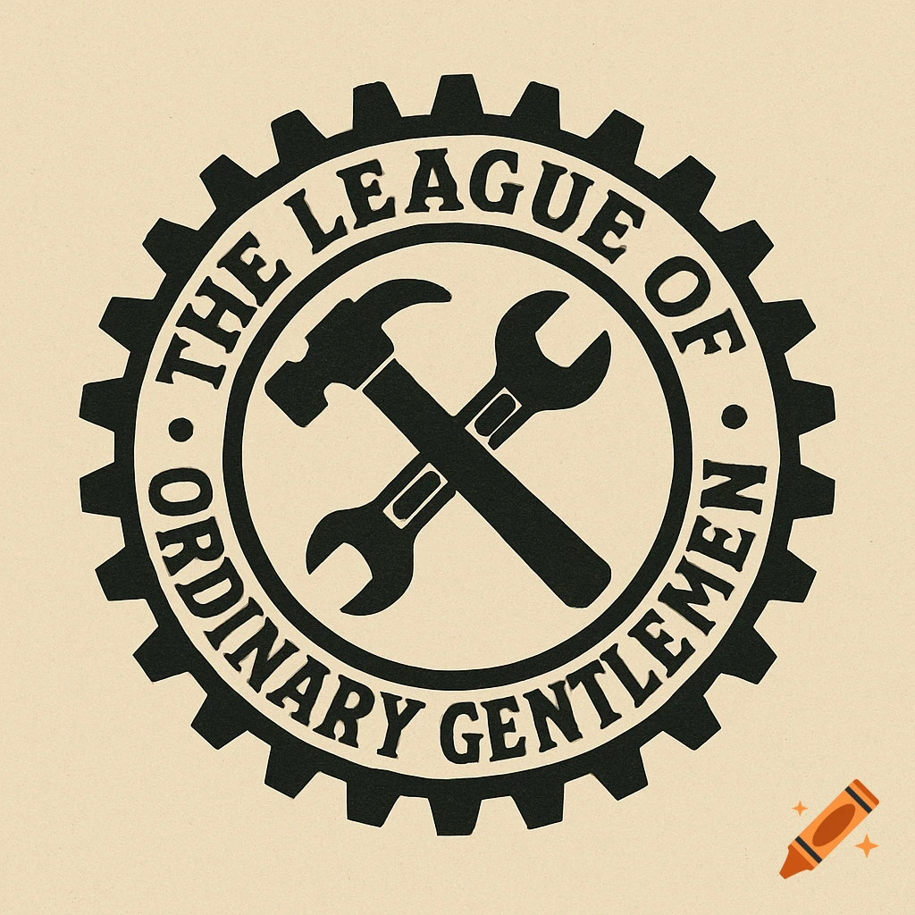 Vintage industrial logo for 'The League of Ordinary Gentlemen' with crossed hammer and wrench inside a cogwheel.