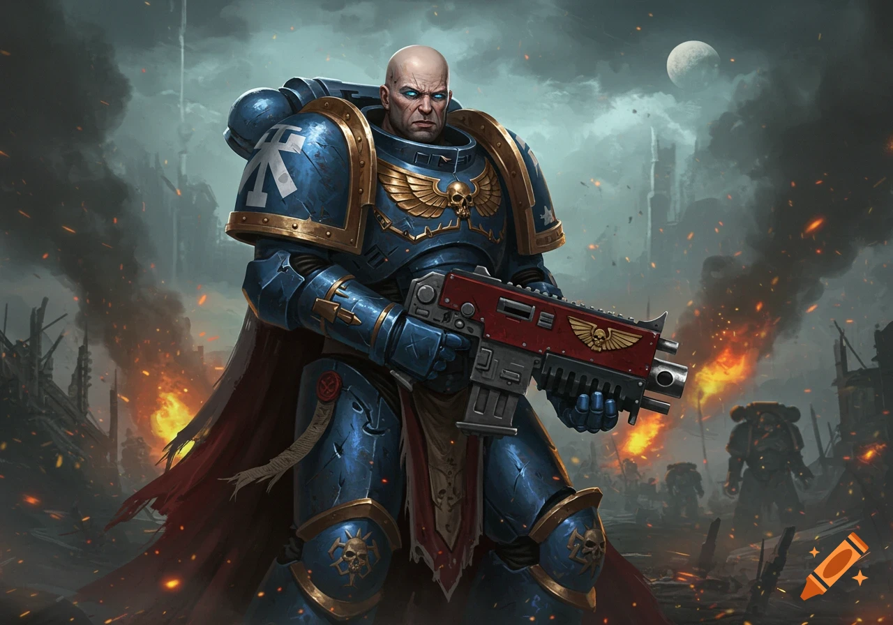 A bald Space Marine in blue and gold power armor stands on a fiery battlefield, holding a bolter rifle. A stylized illustration.