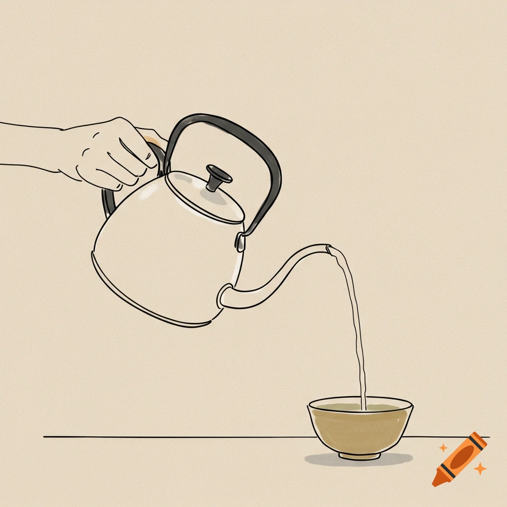 A minimal, hand-drawn illustration of a hand pouring water from a gooseneck kettle into a small ceramic bowl.