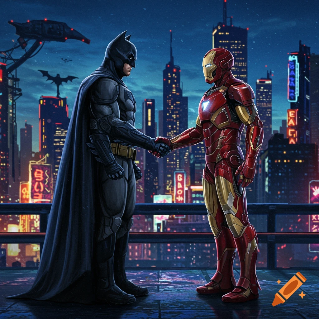 Batman and Iron Man shake hands on a rooftop at night with a futuristic city background.