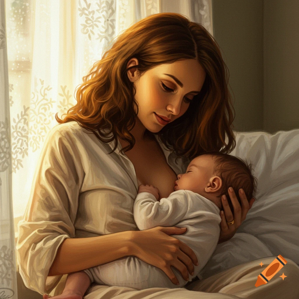 A mother with long brown hair breastfeeds her baby in a sunlit room, depicted in a painterly style.