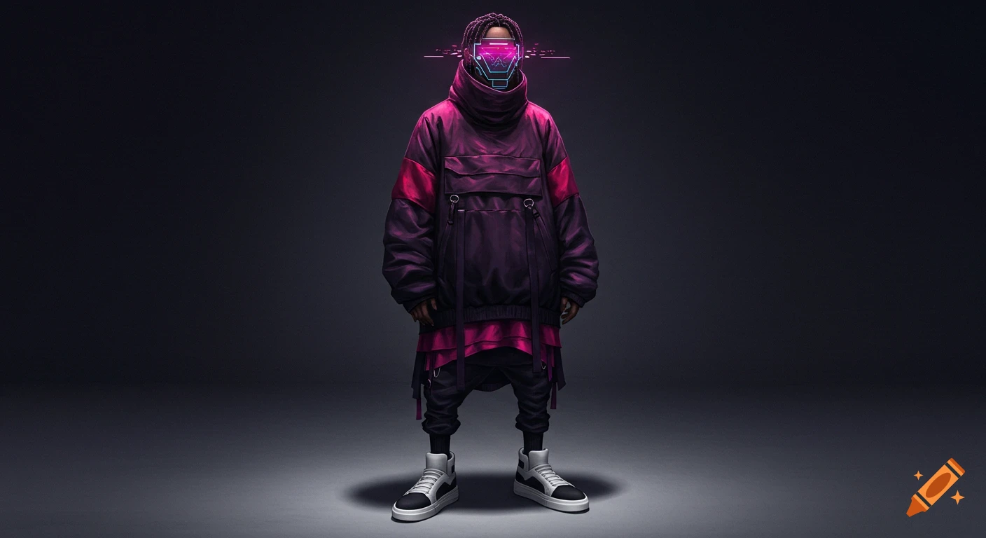 A full-body shot of a person with dreadlocks wearing an oversized purple and pink futuristic jacket and a glowing neon visor, standing against a dark background.