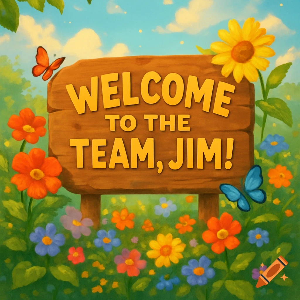 Wooden sign saying 'Welcome to the team, Jim!' amidst colorful flowers and butterflies in a vibrant illustration.