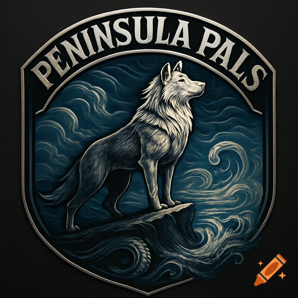 A stylized grey wolf stands on a rocky outcrop against a swirling dark blue sky, framed within a shield-shaped logo with 'PENINSULA PALS' text at the top.