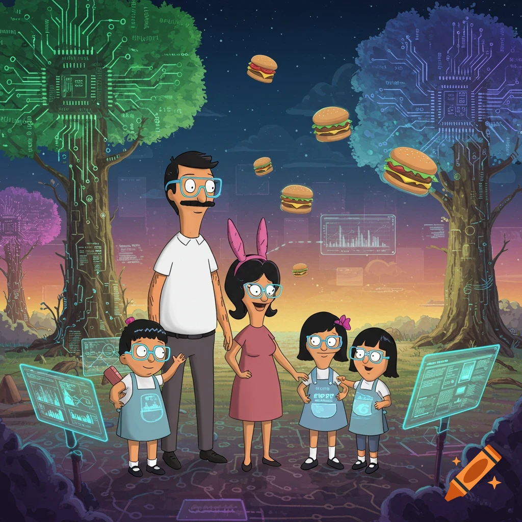 A cartoon family, characters from Bob's Burgers, stands in a whimsical landscape with circuit board trees and floating hamburgers, surrounded by holographic screens.