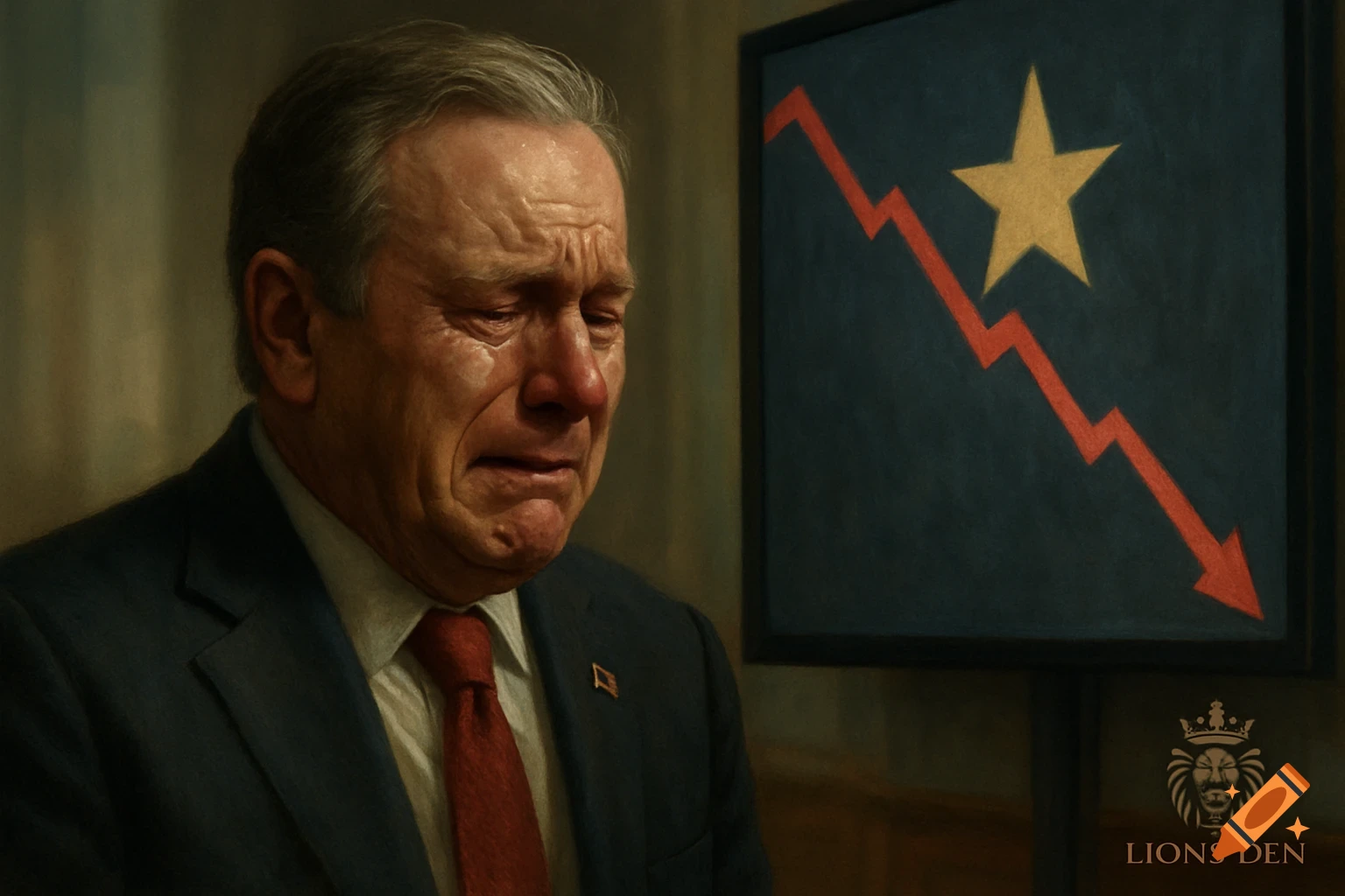 Photorealistic portrait of a crying politician in a suit looking at a framed board with a yellow star and a red downward arrow. A 'LIONS DEN' logo is in the corner.