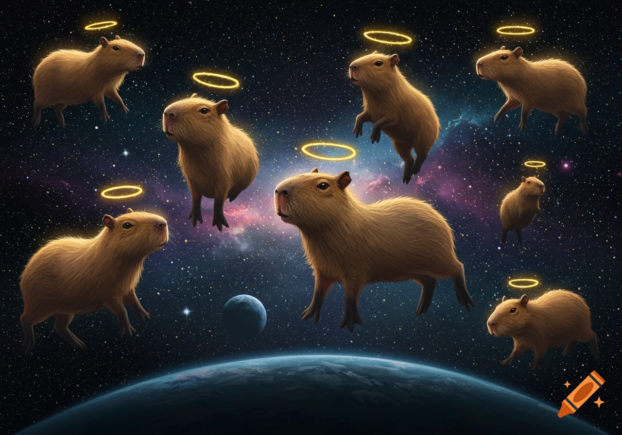 Multiple capybaras with glowing halos float in outer space above a planet, surrounded by stars and nebulae.