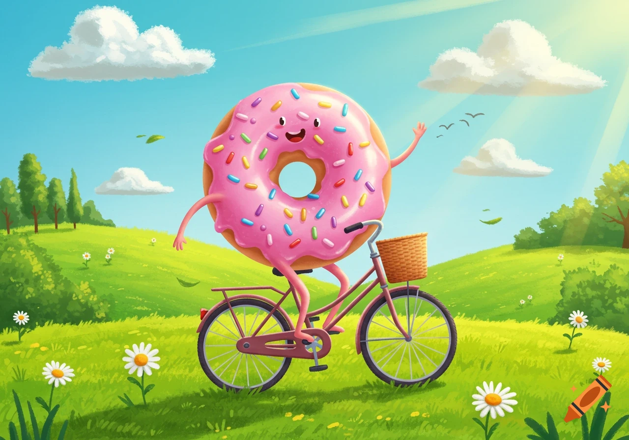 A happy pink donut with colorful sprinkles rides a bicycle through a sunny green field with white daisy flowers and fluffy clouds.
