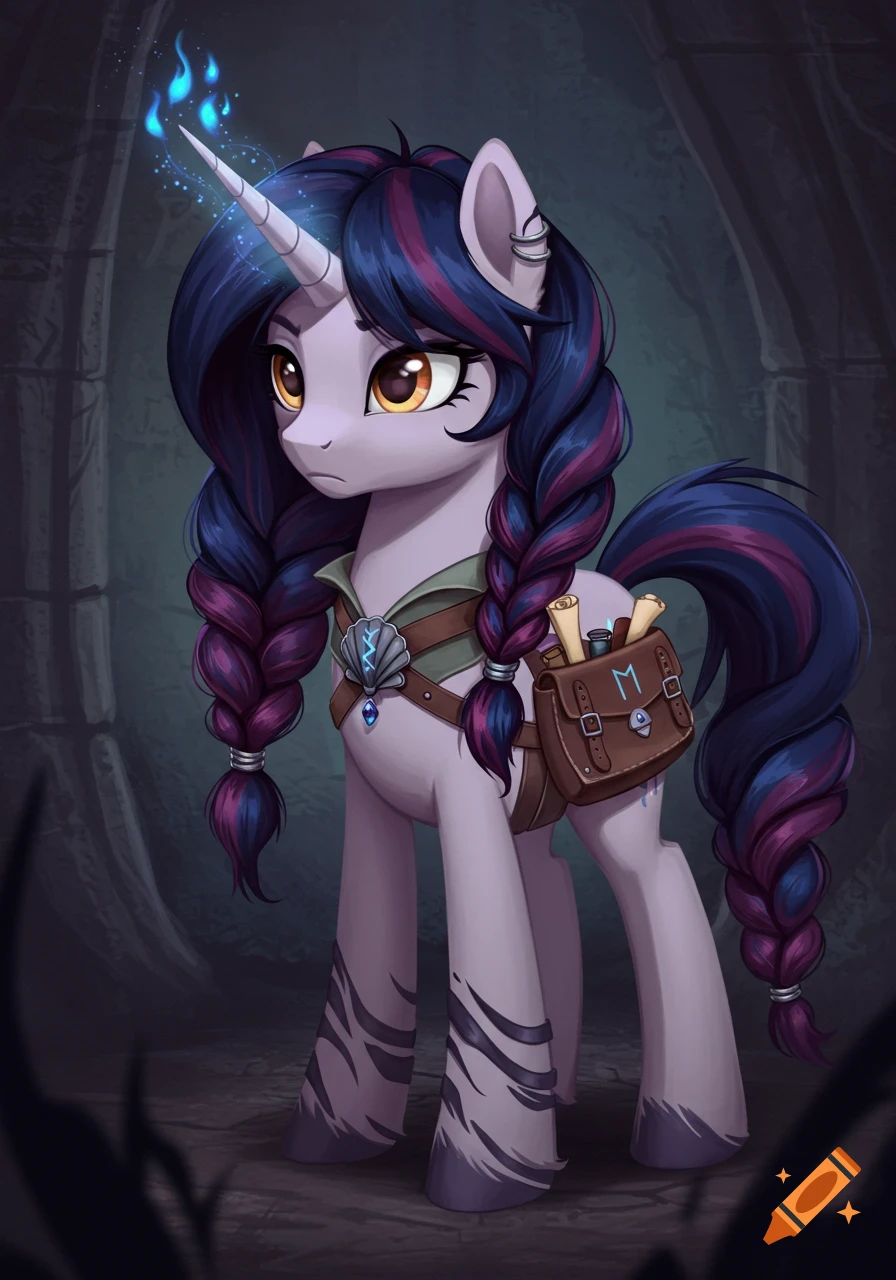 A lavender unicorn with braided dark hair, wearing a satchel and shell brooch, with a glowing horn and runic markings.
