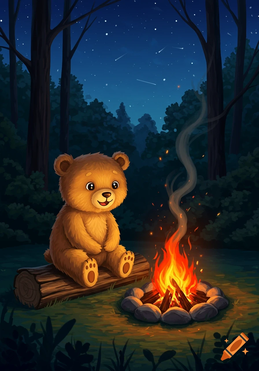 A cute cartoon bear sits on a log next to a glowing campfire in a dark forest at night under a starry sky.