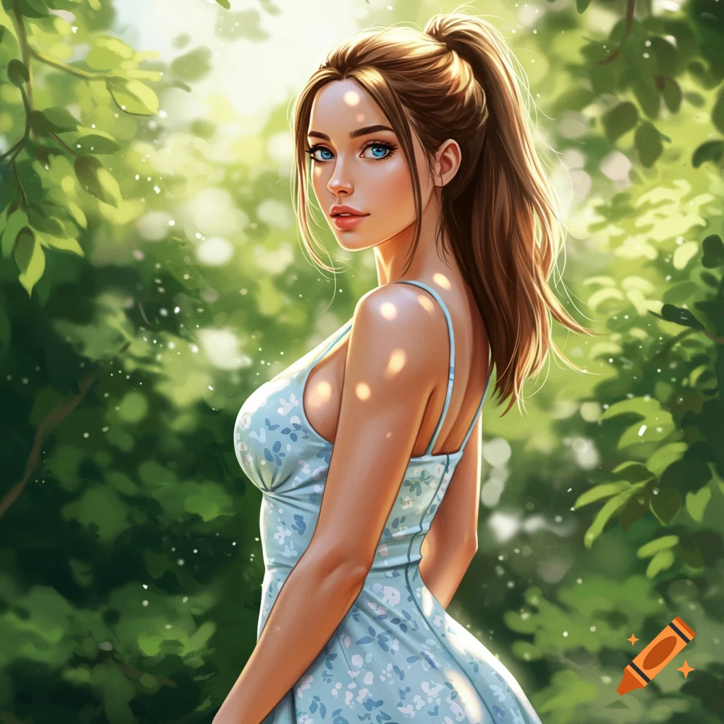 A beautiful woman with light brown hair in a ponytail and blue eyes wears a light blue floral sundress in a sunny, green forest setting, looking over her shoulder.
