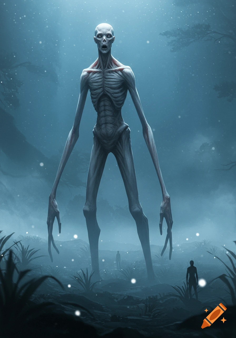 An emaciated, tall, pale humanoid creature with long limbs and an open jaw stands in a misty, dark forest.