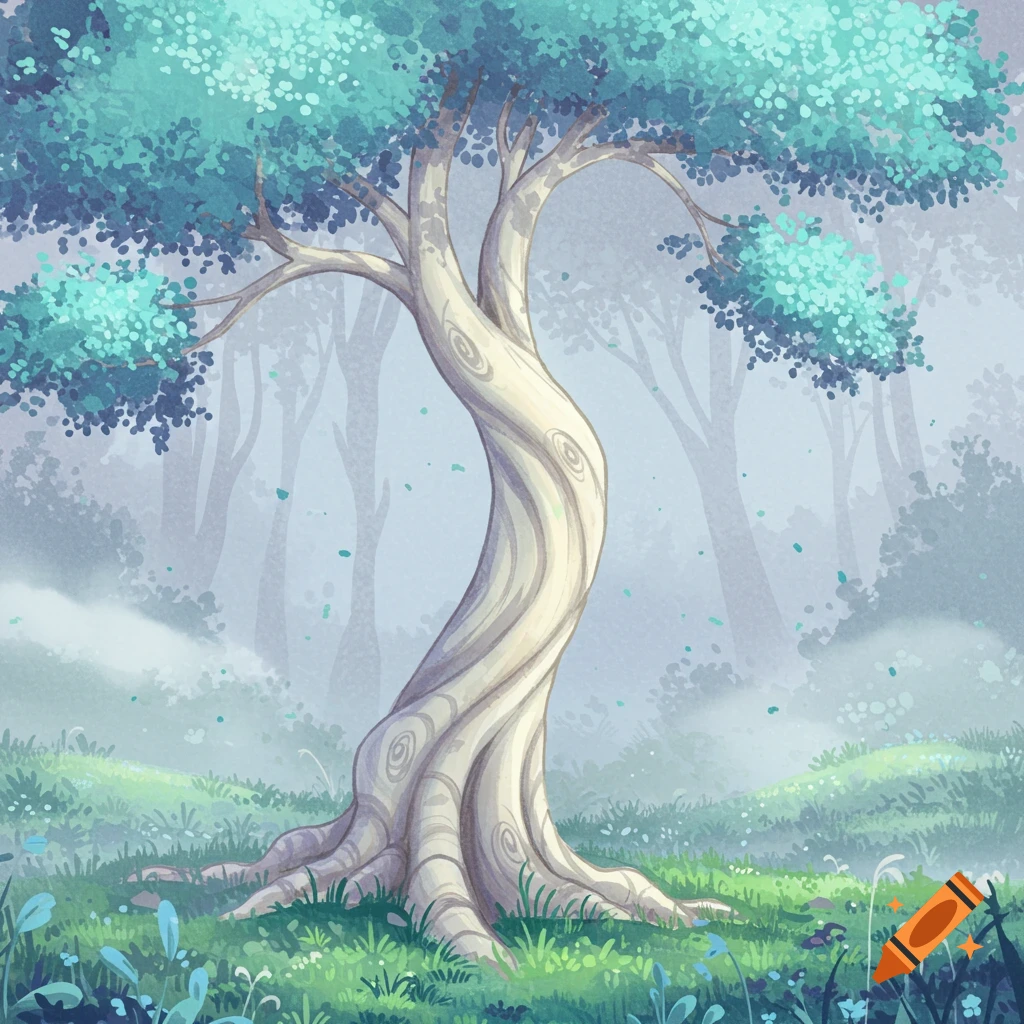A stylized, light-barked tree with turquoise leaves stands in a misty, green forest.
