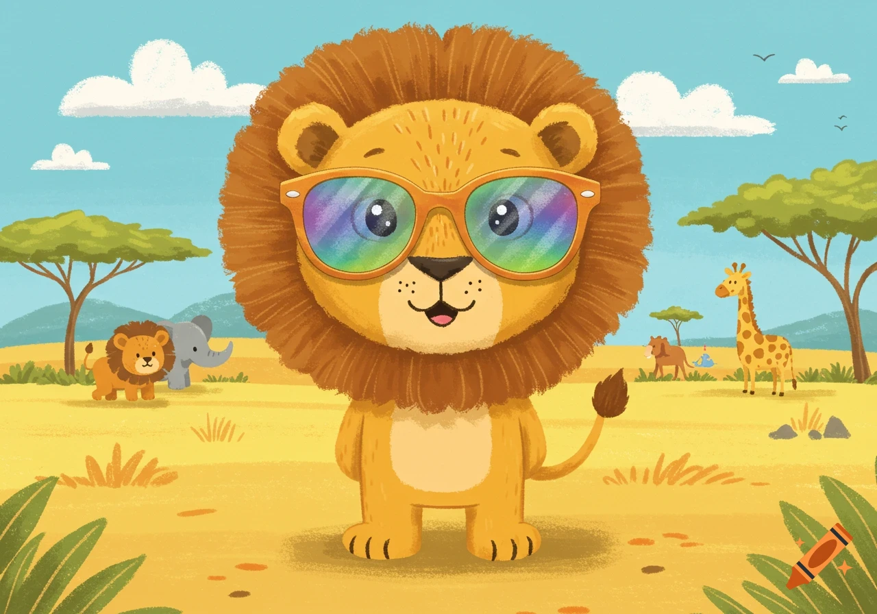 A cute cartoon baby lion wearing rainbow sunglasses stands in a savanna with an elephant, giraffe, and other animals.