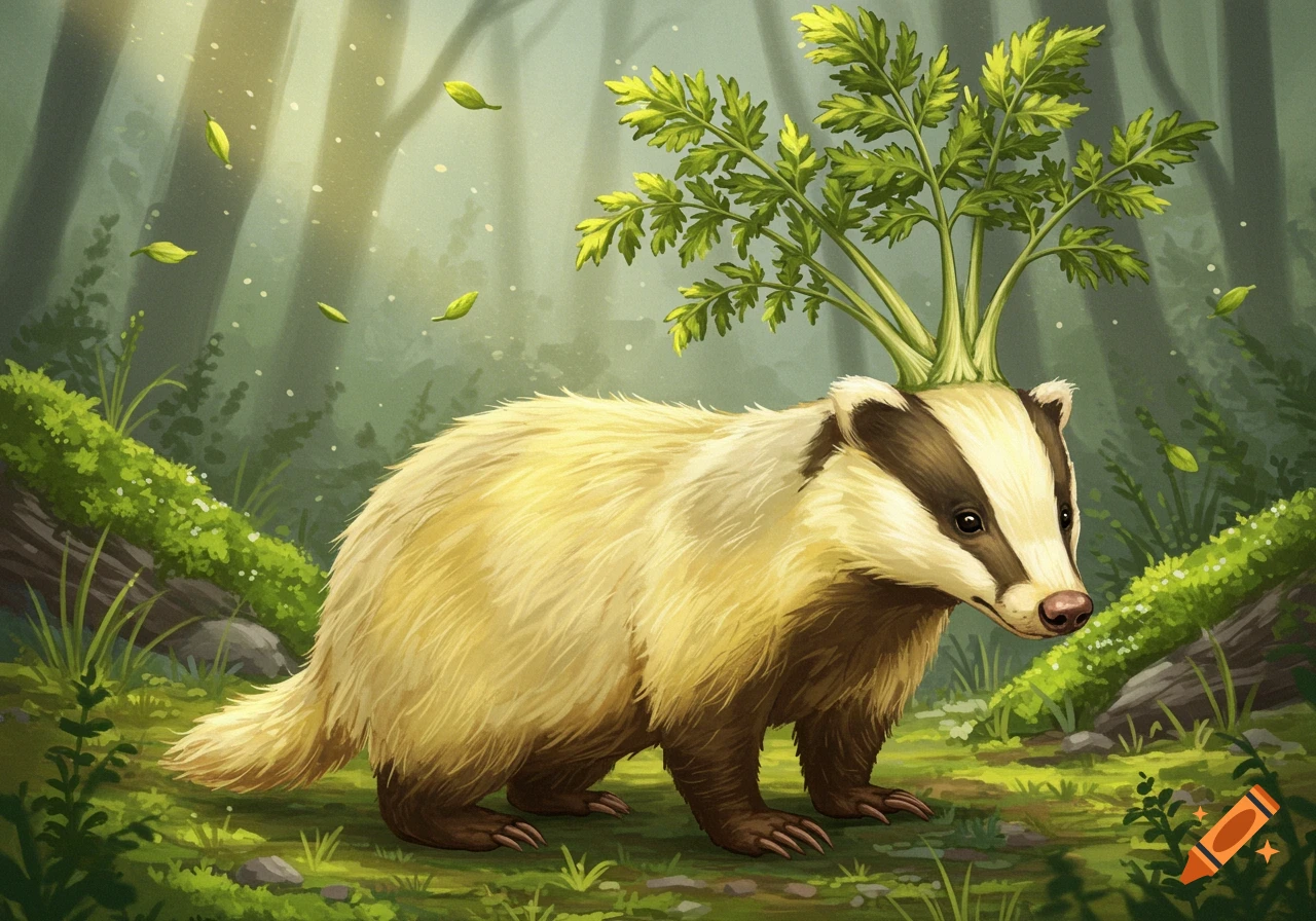 An illustration of a badger with a large green parsnip plant growing from its head, standing in a lush forest.