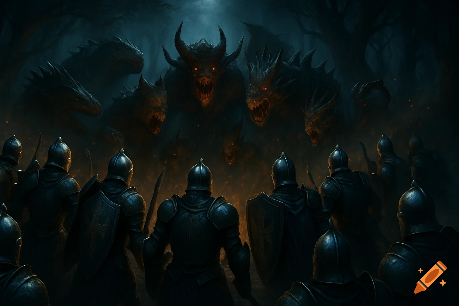 Knights in dark armor stand facing a horde of red-eyed, fanged monsters in a dark, ominous forest.