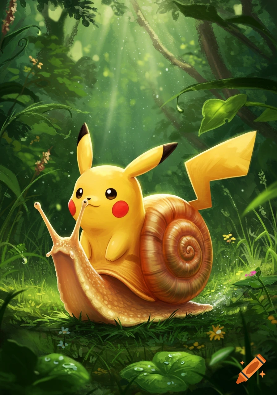 A cute Pikachu with a snail shell on its back crawls through a sunlit, vibrant green forest.