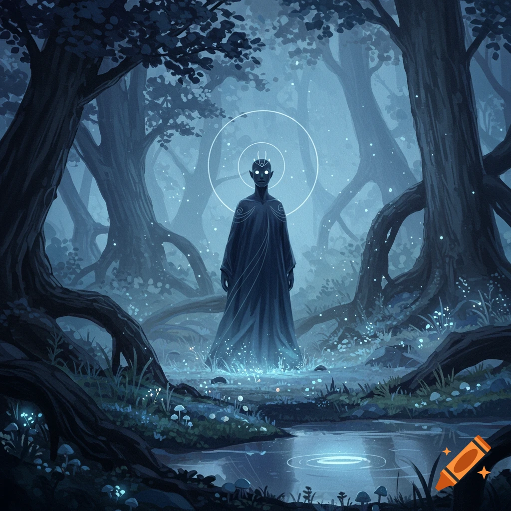A dark, mystical figure with glowing eyes and a halo stands in a moonlit forest with glowing plants and water, in a digital art style.