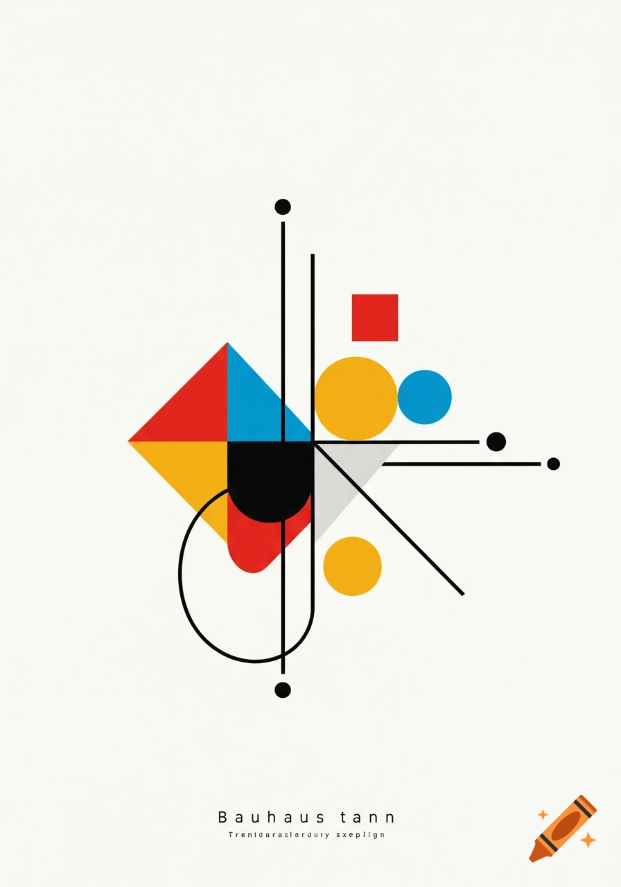Abstract Bauhaus-style design with black lines, red, yellow, and blue geometric shapes on a white background.
