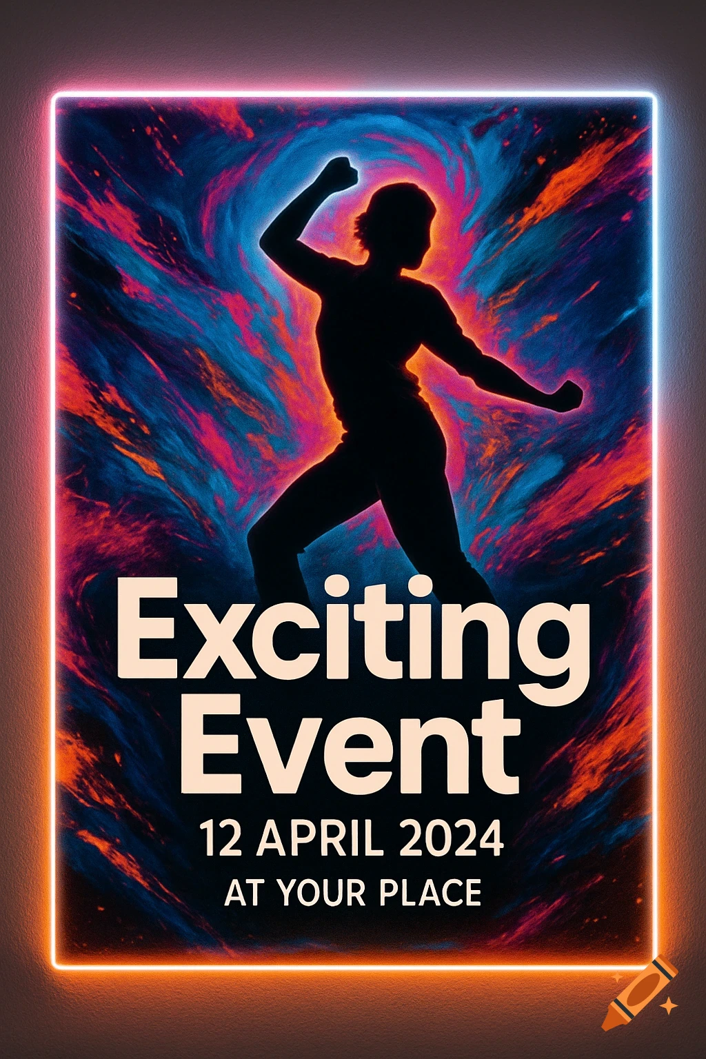 A neon-lit poster featuring a silhouetted figure against an energetic blue and pink abstract background, with event text.