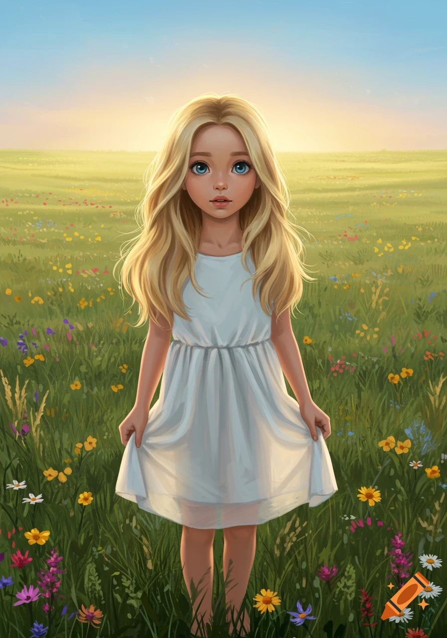 A blonde girl with big blue eyes in a white dress stands in a field of colorful wildflowers under a sunny sky, digital painting.