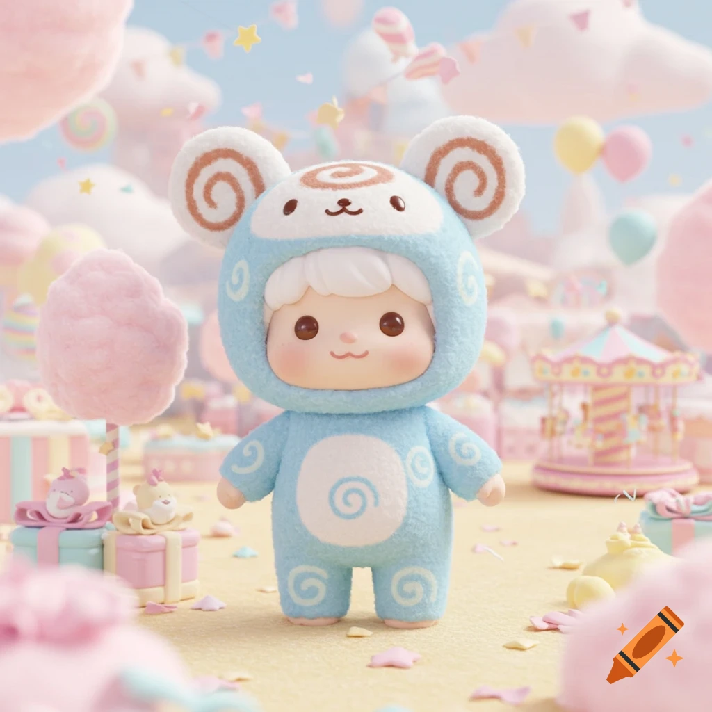 A cute light blue plush doll wearing a Sanrio Cinnamoroll-like costume stands in a whimsical pastel candy land with cotton candy, gifts, and a carousel.