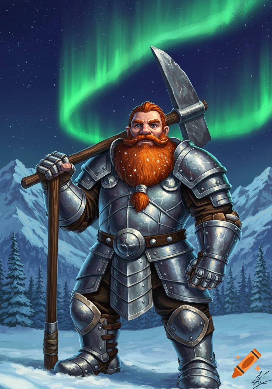 A heavily armored dwarf warrior with a bushy red beard and a pickaxe stands in a snowy mountain landscape under a green aurora borealis.