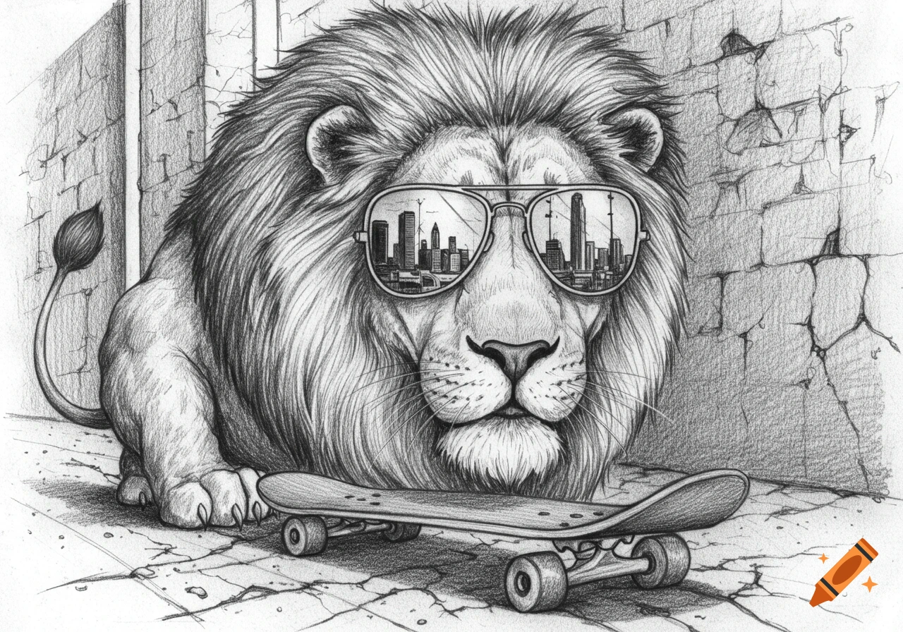 Black pencil drawing of a cool lion wearing sunglasses reflecting a city skyline, with a skateboard in front of it.